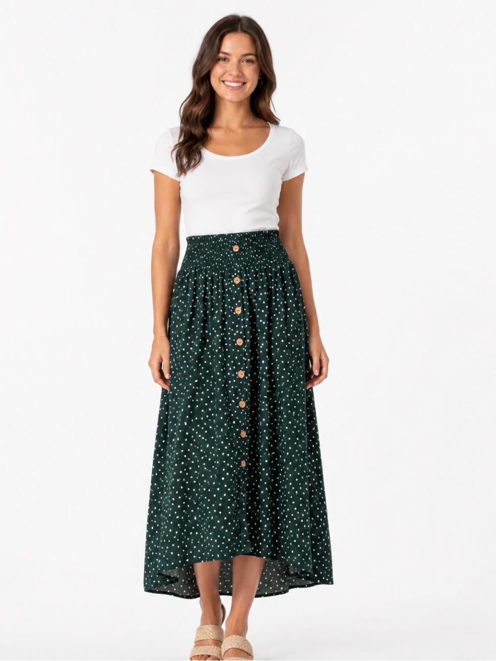 Dark Green High-Low Polka Dot Button-Front Skirt